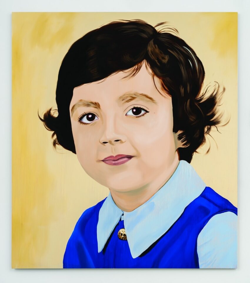 Victora Cantons’s painting of a trans girl in a blue school uniform against a yellow background