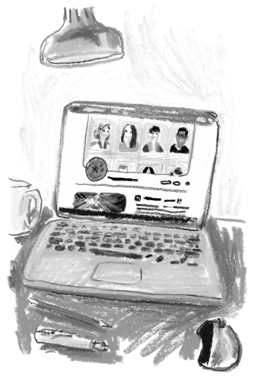 Black-and-white sketch of an open laptop