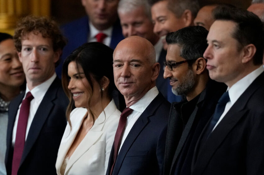 A color photo of Mark Zuckerberg, Lauren Sánchez, Jeff Bezos, and Elon Musk at Trump’s second inauguration