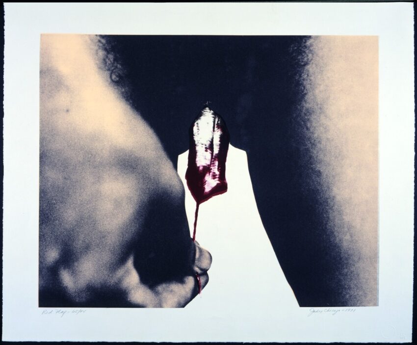 Judy Chicago’s 1971 photolithograph of a tampon being pulled from a vagina
