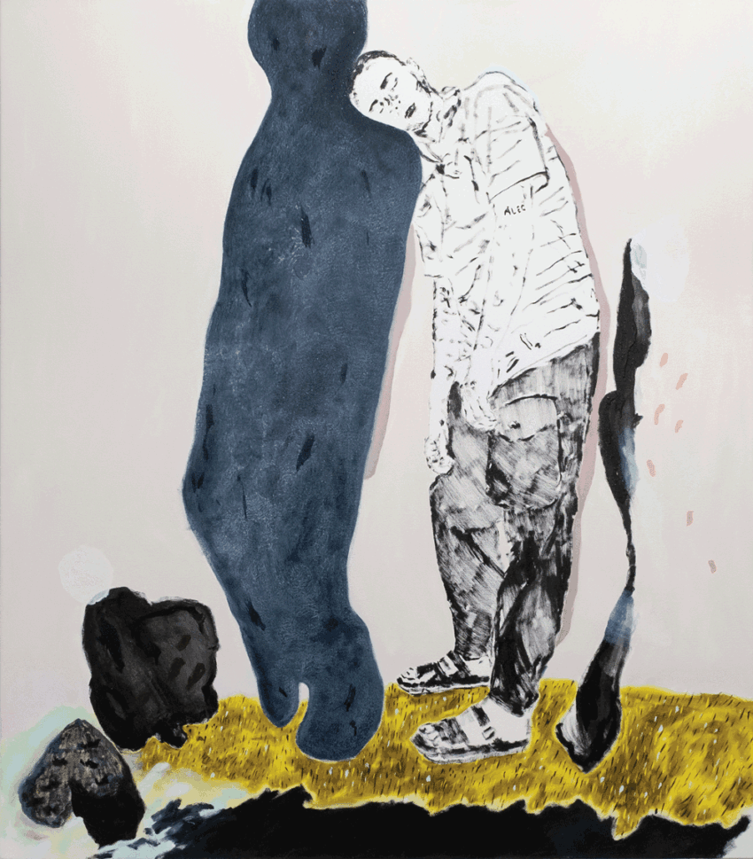 Drawing of two figures leaning against each other