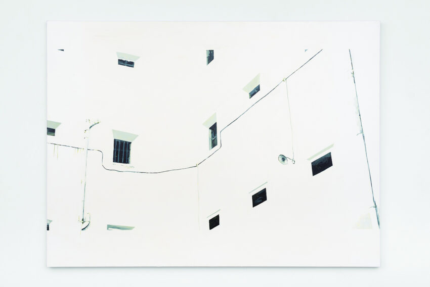 Painting of a building in white with gray windows