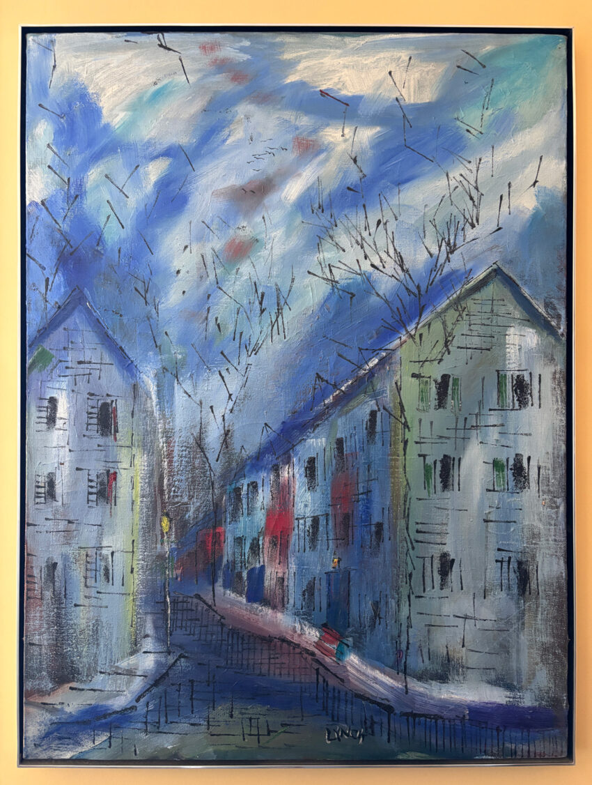 David Lynch painting of row houses in Old Town Alexandria. Mostly blue. Red and yellow streaks. Crosshatched tree branches.