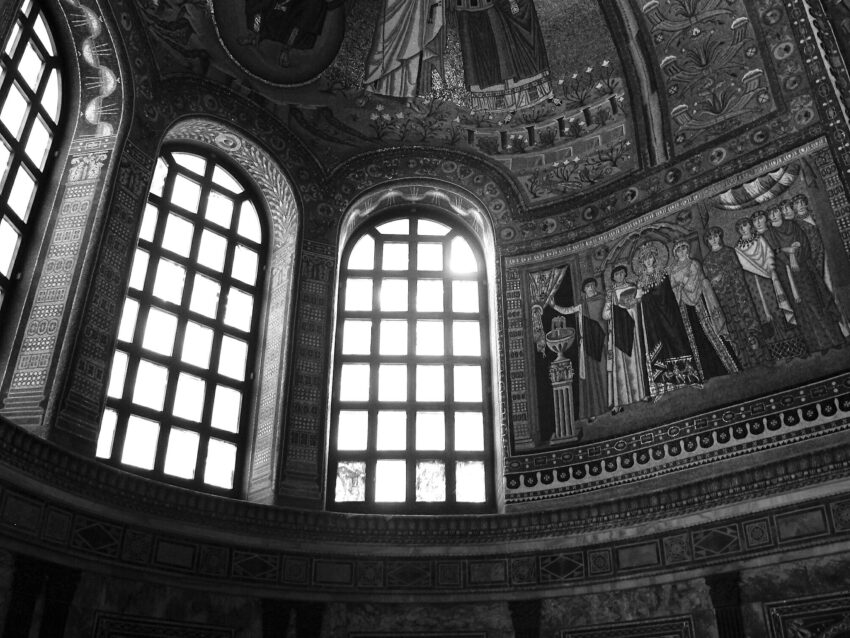 Black and white photo of light coming through windows in the apse of San Vitale in Ravenna with mosaics. Courtesy N.P. Sullo.