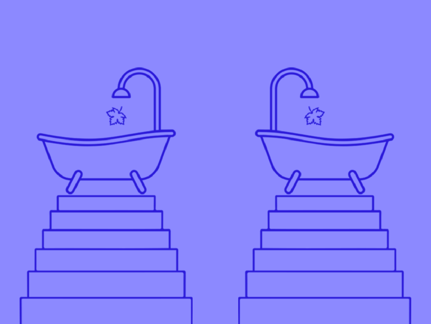 Graphic with two bathtubs on pedestals and a leaf dropping from the faucets