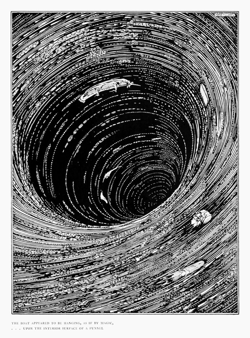 Ink illustration of a small boat suspended on the inner wall of a vast whirlpool of spiralling lines.