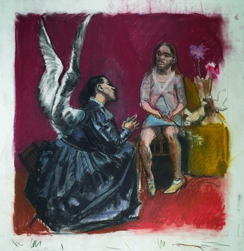 Rego’s painting of the annunciation depicts the archangel Gabriel, winged and dressed in blue, kneeling before Mother Mary.