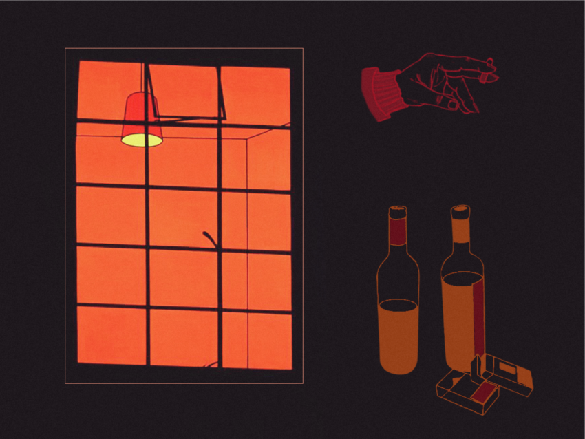 Graphic with a window with an orange glow, cigarettes, and wine bottles