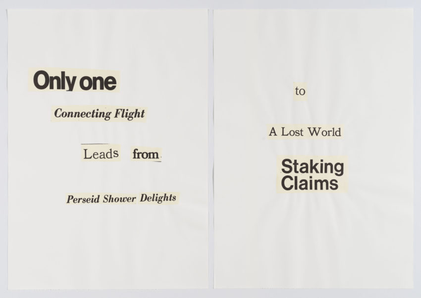 collaged words on white background read in part "only one connecting flight leads from Perseid shower delights to a lost..."