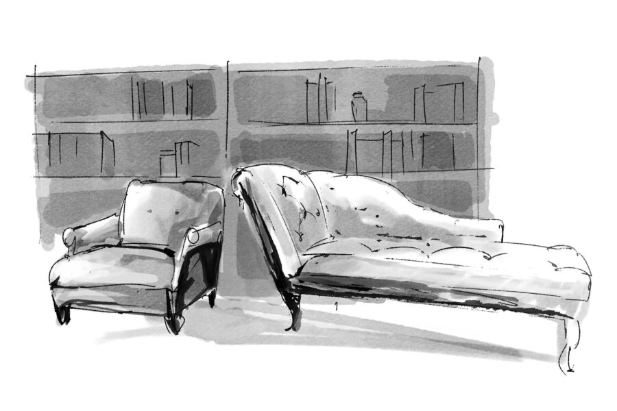 Black-and-white illustration of a therapy couch