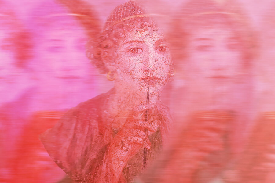 Roman fresco of a woman with curled hair and gold earrings, digitally smeared and repeated in pink.