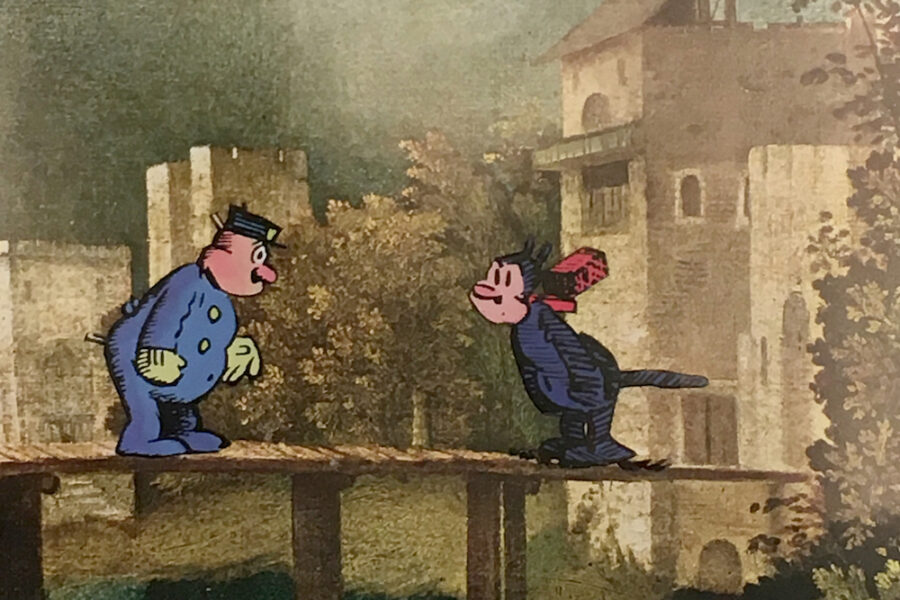 Two cartoon characters superimposed onto painting of a storm.