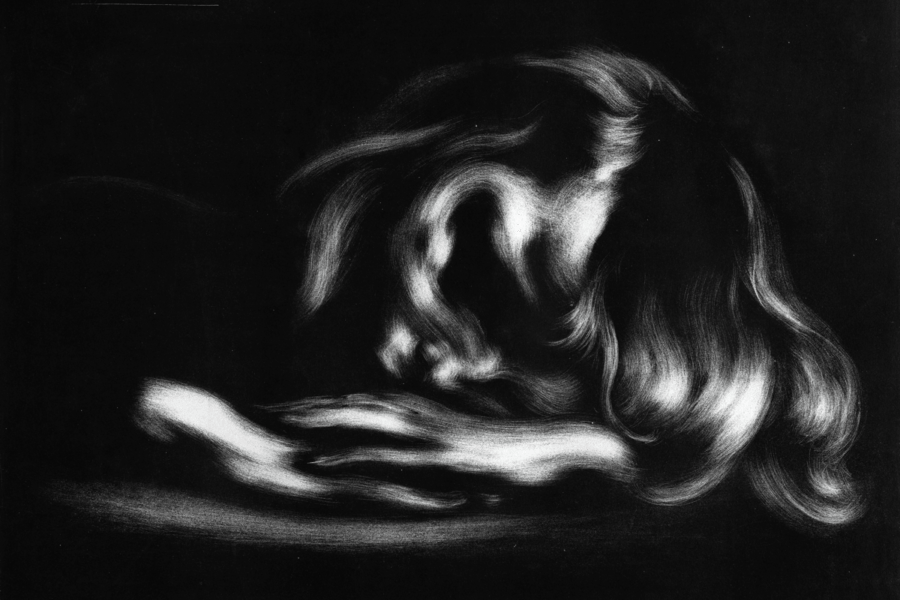 Dreamlike nineteenth-century French lithograph of a woman resting her head on her hands