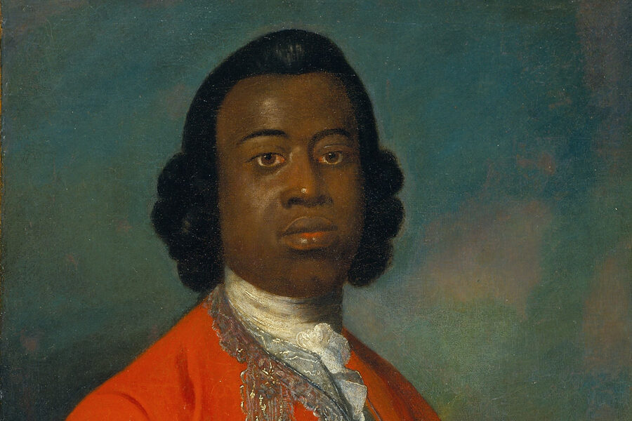 18th-century oil portrait of a Black man in a scarlet coat and silver waistcoat, looking directly out.