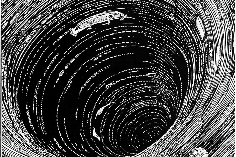 Ink illustration of a small boat suspended on the inner wall of a vast whirlpool of spiralling lines.