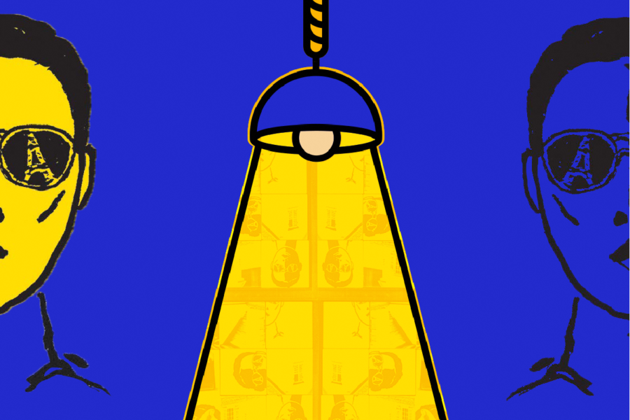 Blue and yellow illustration with two faces on either side of a hanging lamp