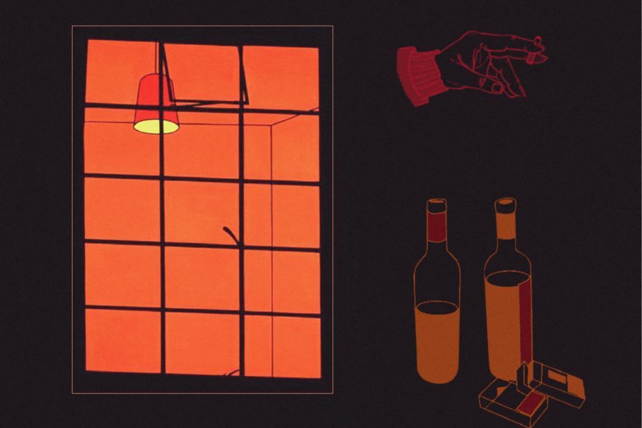 Graphic with a window with an orange glow, cigarettes, and wine bottles