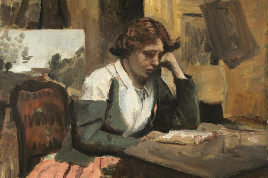 A painting of a woman reading at a table.