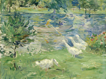 Painting of geese observing a rowboat. Gandalf’s Gallery / Creative Commons