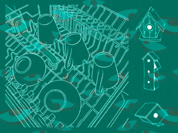Graphic with dishwasher and birdhouses. Illustration by Laura Padilla Castellanos
