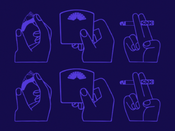 Graphic with hands holding ballet slippers, weighing scales, and cigarettes.