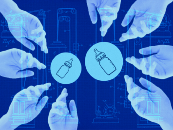 Graphic with hands encircling two baby bottles. Illustration by Laura Padilla Castellanos.