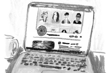 Black-and-white sketch of an open laptop