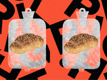 Graphic with loaves of bread and water bottles on a black and orange background. Illustration by Laura Padilla Castellanos