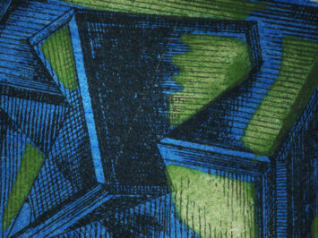 Green, blue, and white abstract shapes