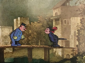 Two cartoon characters superimposed onto painting of a storm.