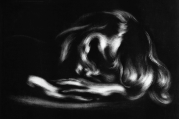 Dreamlike nineteenth-century French lithograph of a woman resting her head on her hands