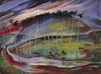 Painting of wild horses running on a multi-colored landscape.