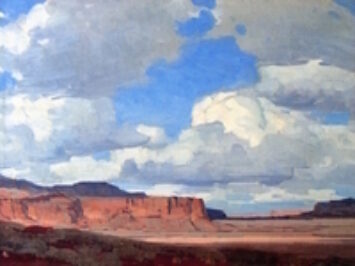 Desert Sky by Edgar Payne, 1930. A landscape painting of a desert and blue, cloudy sky.