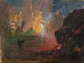 A painting showing an abstract boat on water