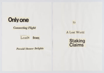 collaged words on white background read in part "only one connecting flight leads from Perseid shower delights to a lost..."