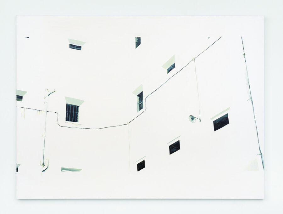 Painting of a building in white with gray windows