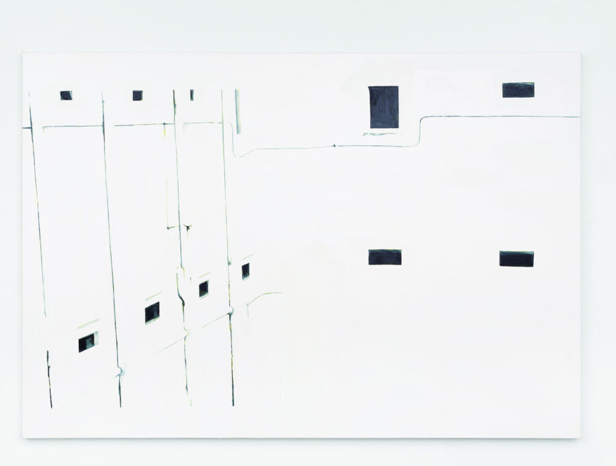 Painting of a building in white with gray windows