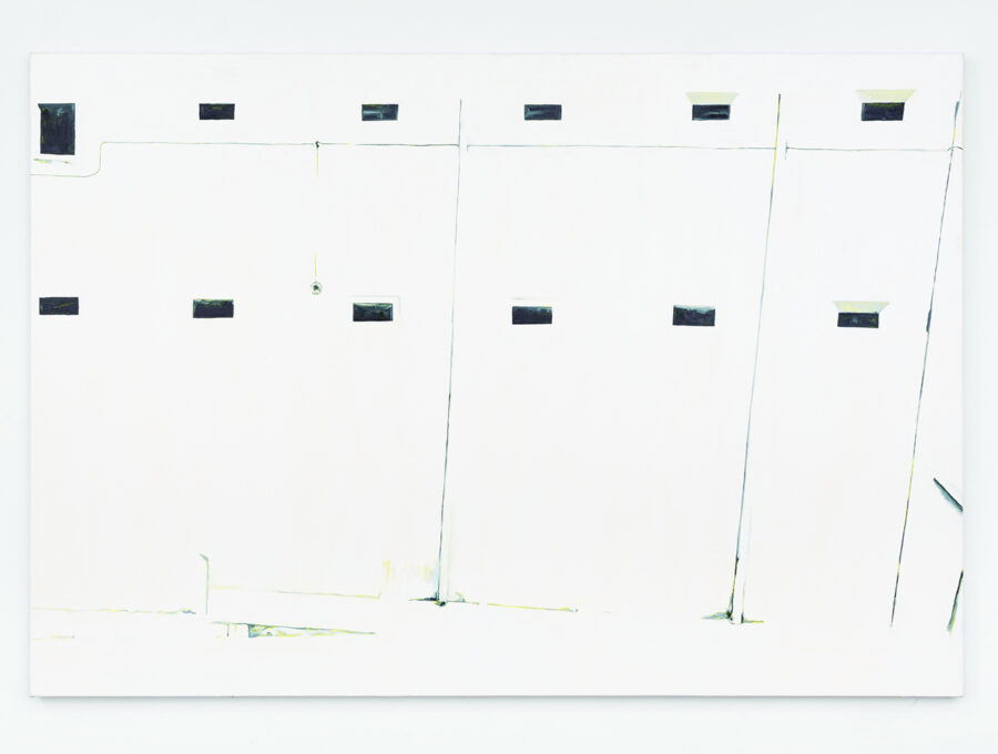 Painting of a building in white with gray windows